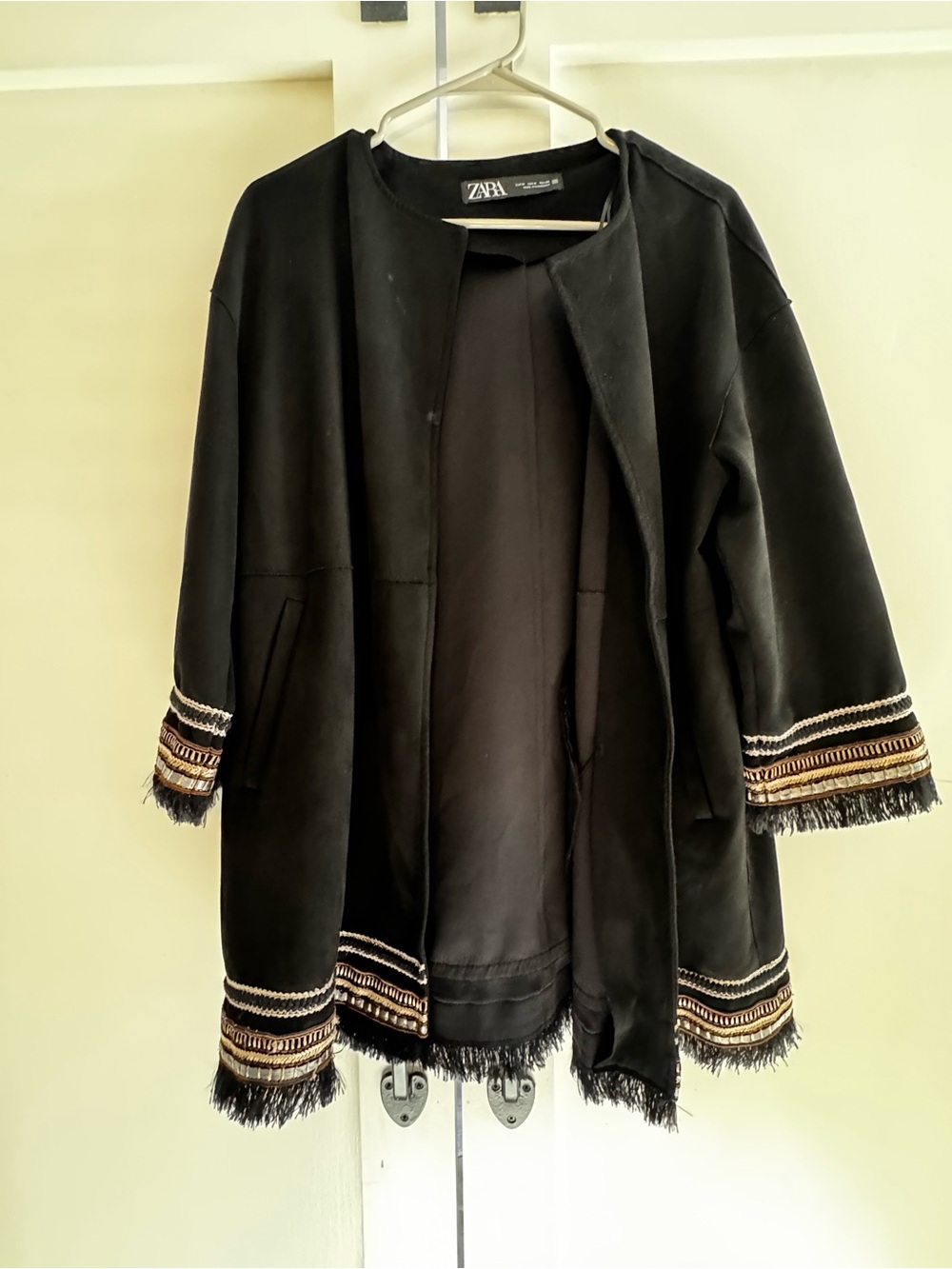 Zara Black Open-Front Coat with Metallic Trim and Fringe
